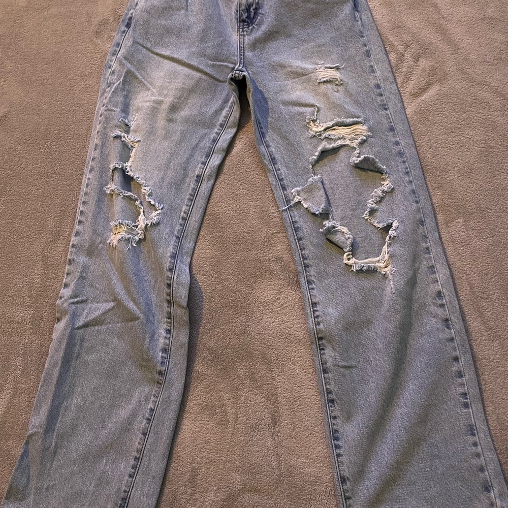 SHEIN Blue Straight Leg Jeans with Distressed Details